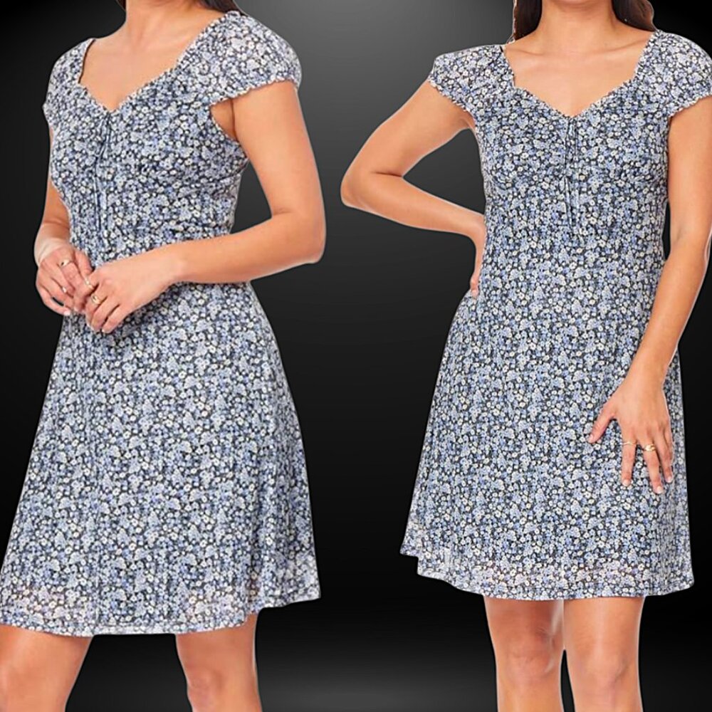 WallFlower Puff Sleeve Mini Mesh Dress with smocked back Black Blue Floral-Sz XL